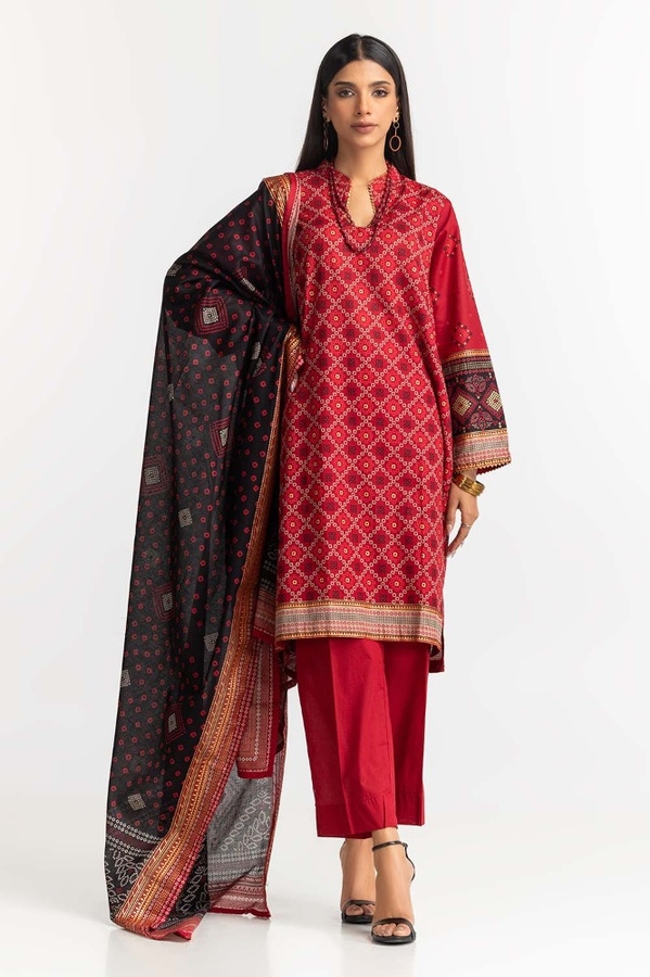 UAE -Gold Printed Lawn Shirt Dupatta Dyed Trouser KJP-43175