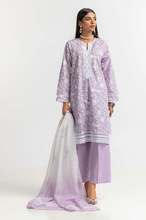 UAE -Printed Schiffli Embroidered Lawn Shirt Cotton Dupatta Dyed Trouser KJP-43187