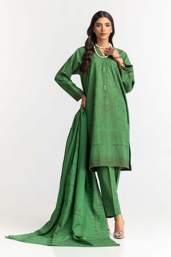 UAE -Dyed Chambray Jacquard Shirt Dupatta Chambray Trouser KJP-43189