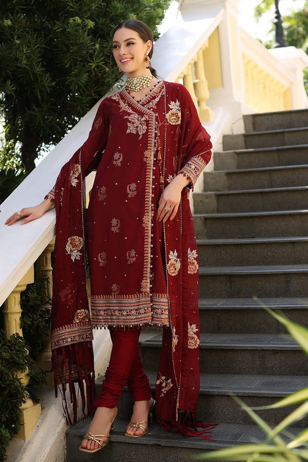 UAE -3PC Embroidered Jacquard Unstitched Suit with Embroidered Cotton Net Dupatta LE-42026