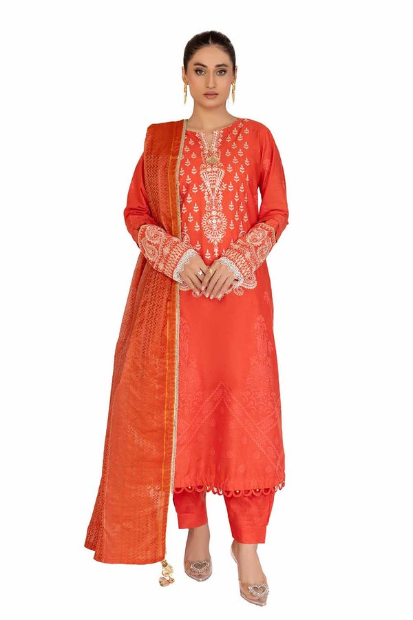 UAE -3 Piece Unstitched Embroidered Printed Cambric Suit with Jacquard Dupatta MJ-42027