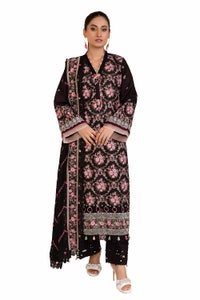 UAE -3 Piece Unstitched Embroidered Printed Cambric Suit with Embroidered Chiffon Dupatta PM-42014