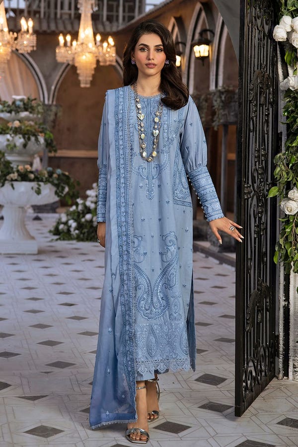 UAE -3PC Embroidered Lawn Unstitched Suit with Embroidered Printed Chiffon Dupatta PM-42027
