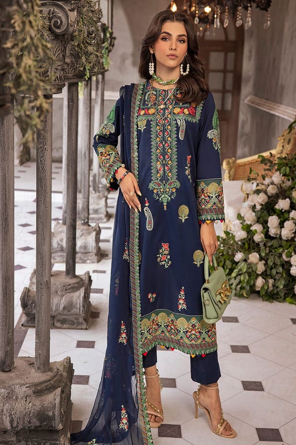 UAE -3PC Zari Embroidered Lawn Unstitched Suit with Zari Embroidered Chiffon Dupatta PM-42028