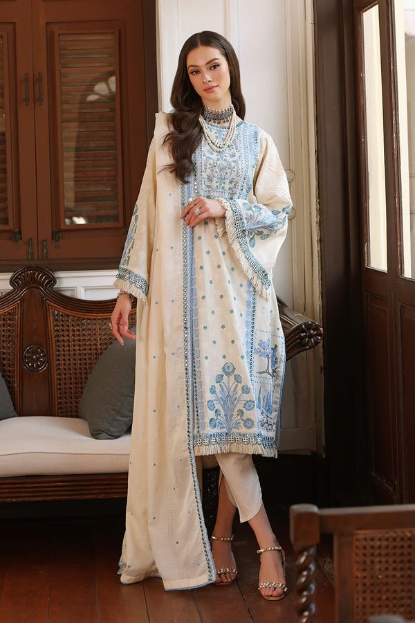 UAE -3PC Embroidered Dobby Unstitched Suit with Embroidered Cotton Net Dupatta PM-42030