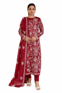 UAE -3 Piece Unstitched Embroidered Printed Cambric Suit with Embroidered Chiffon Dupatta PM-42043