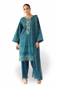 UAE -3 Piece Unstitched Embroidered Printed Cambric Suit with Embroidered Chiffon Dupatta PM-42044