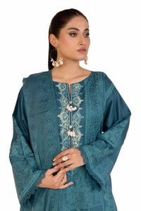UAE -3 Piece Unstitched Embroidered Printed Cambric Suit with Embroidered Chiffon Dupatta PM-42044