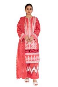 UAE -3 Piece Unstitched Embroidered Printed Cambric Suit with Embroidered Chiffon Dupatta PM-42045
