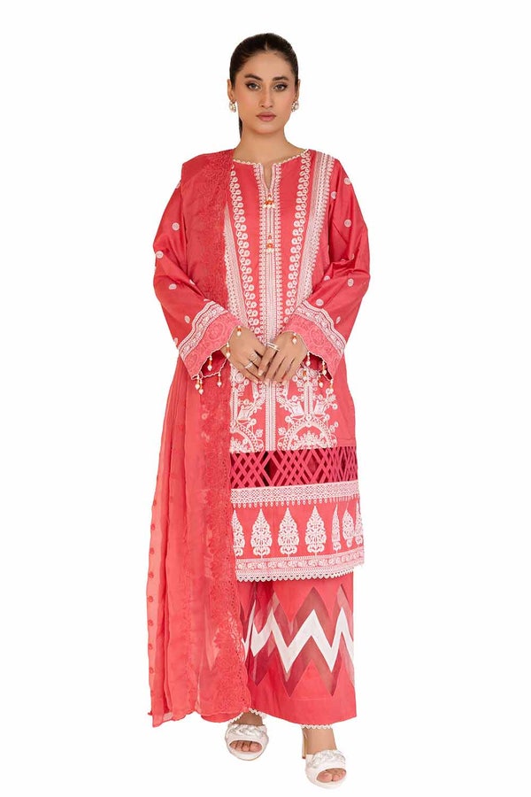 UAE -3 Piece Unstitched Embroidered Printed Cambric Suit with Embroidered Chiffon Dupatta PM-42045