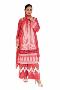UAE -3 Piece Unstitched Embroidered Printed Cambric Suit with Embroidered Chiffon Dupatta PM-42045