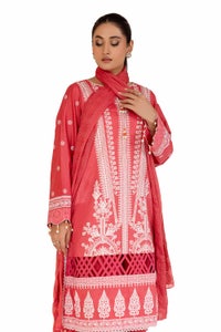 UAE -3 Piece Unstitched Embroidered Printed Cambric Suit with Embroidered Chiffon Dupatta PM-42045