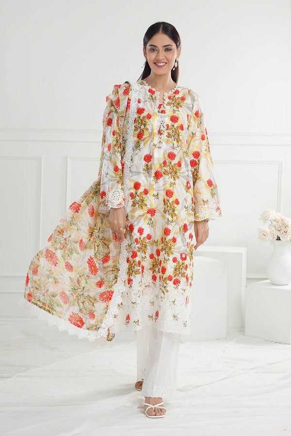 UAE -3 Piece Unstitched Embroidered Printed Lawn Suit with Printed Chiffon Dupatta PR-52006