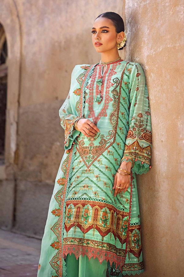 UAE -3PC Embroidered Digital Printed Paper Cotton Sequins Unstitched Suit with Embroidered Stripe Cotton Silk Dupatta FE-32028