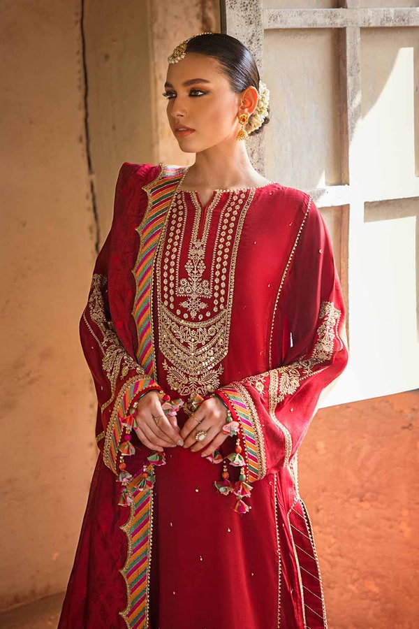 UAE -3PC Embroidered Raw Silk Unstitched Suit with Embroidered Jacquard Dupatta with Zari FE-32031