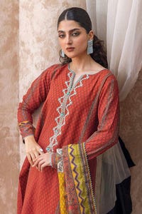 UAE -3PC Embroidered Khaddar Unstitched Suit with Embroidered Neckline on Organza K-32026