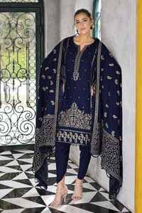 UAE -3PC Embroidered Pashmina Unstitched Suit with Embroidered Pashmina Shawl AP-32065