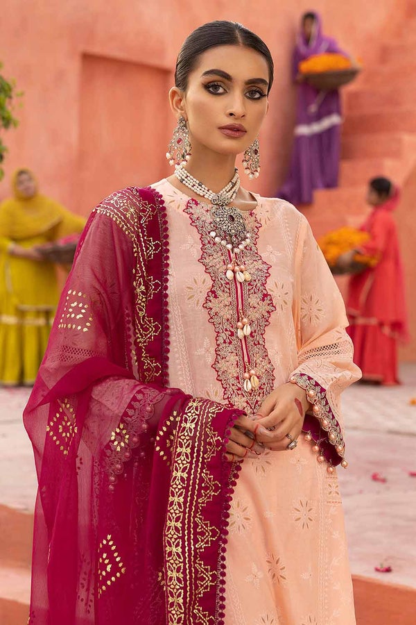 UAE -3PC Foam and Gold Printed Embroidered Unstitched Lawn Shirt with Foil Printed Chiffon Dupatta BM-32035