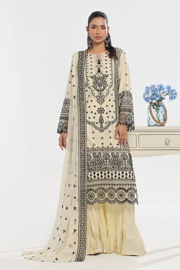 UAE -3 Piece Unstitched Embroidered Lawn Suit with Embroidered Chiffon Dupatta PM-52057