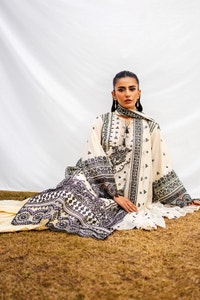 UAE -3 Piece Unstitched Embroidered Lawn Suit with Embroidered Chiffon Dupatta PM-52057