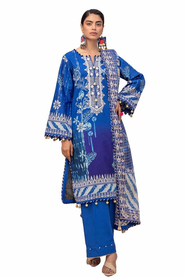 UAE -3PC Unstitched Embroidered Printed Lawn Suit with Zari Stripe Dupatta ST-42002