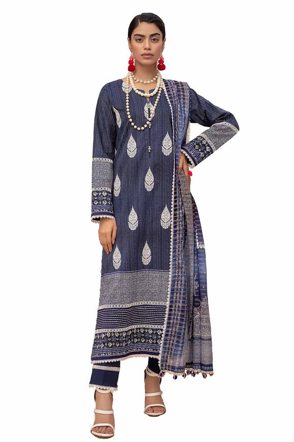 UAE -3PC Unstitched Embroidered Printed Lawn Suit with Zari Stripe Dupatta ST-42007