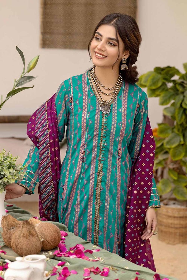 UAE -3PC Gold Printed Lawn Unstitched Suit with Gota Lace CL-32418