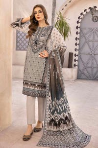 UAE -3PC Unstitched Embroidered Lawn Suit with Organza Neckline B-32032