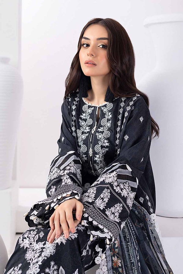 UAE -3PC Unstitched Embroidered Lawn Suit with Dobby Silk Dupatta SSM-32034
