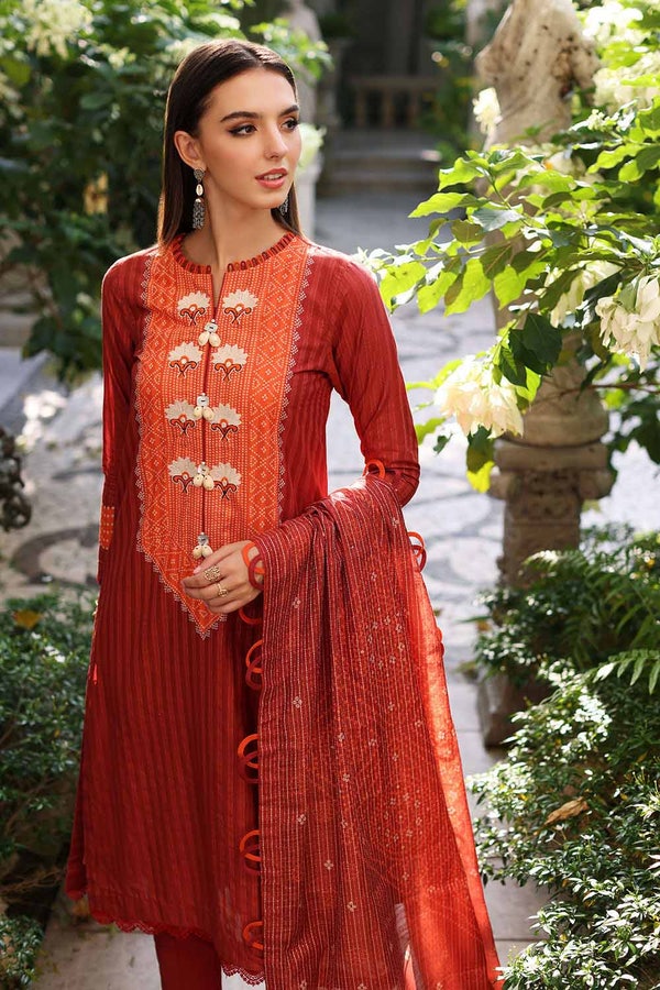 UAE -3PC Embroidered Zari Lawb Unstitched Printed Suit With Printed Zari Stripe Dupatta DB-22034