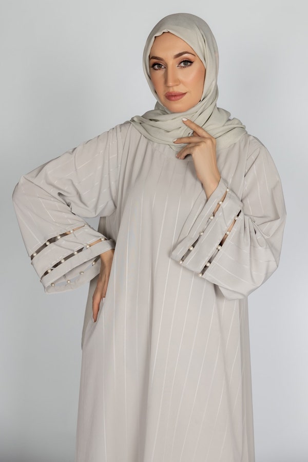 UAE -Nisa Embellished Stipe Abaya With Dyed Scarf WGB-KAB-22047