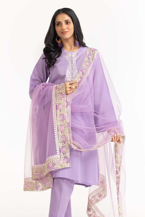 UAE -Tehwaar Lurax Dobby Dyed Embroidered Shirt And Trouser With Dupatta WGK-DBS-DE-2155