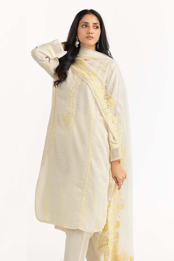 UAE -Tehwaar Lurax Dobby Dyed Embroidered Shirt And Trouser With Dupatta WGK-DBS-DE-2156