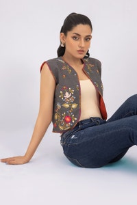 UAE -Denim Dyed Embroidered Waistcoat WGK-DNW-DE-1695