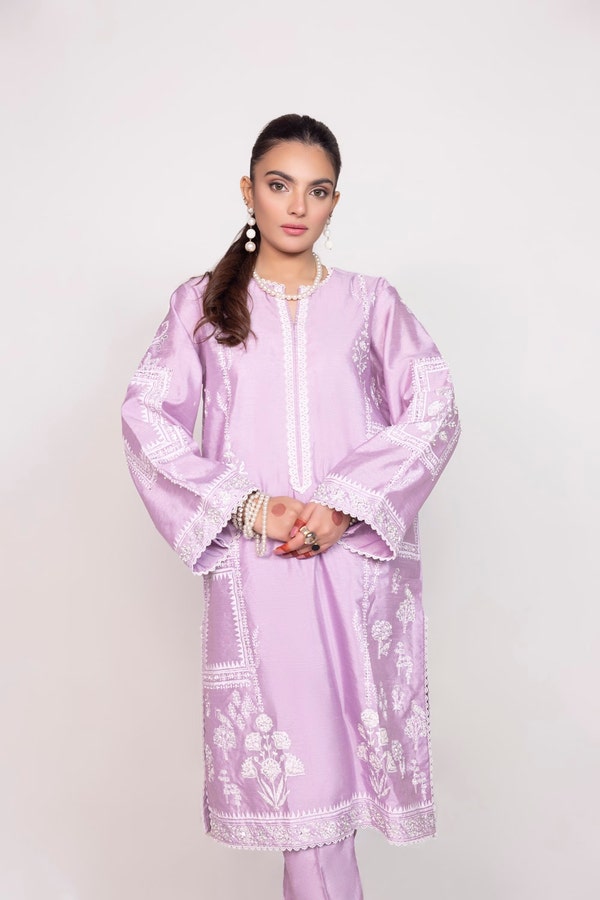 UAE -Tehwaar Raw Silk Block Print Shirt And Trouser WGK-RSS-SP-2223