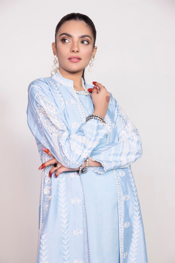 UAE -Tehwaar Raw Silk Block Printed Shirt And Trouser with Inner WGK-RSS-SP-2225